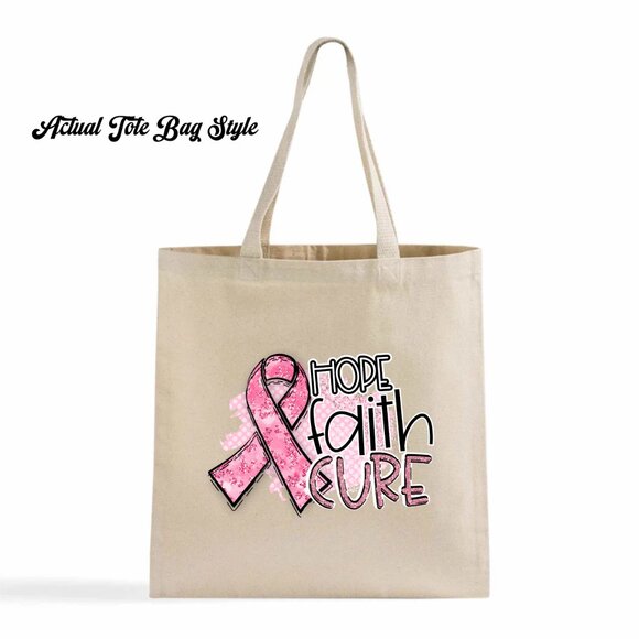 Hope Faith Cure Pink Ribbon Awareness Heavy Canvas DTF Print Tote Bag - Picture 2 of 3
